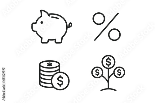 Finance line icon set. Business, investment, savings, and interest rate symbols. Vector collection for banking and economy concepts. Piggy bank, percent, coins, money tree.
