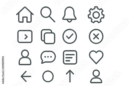 Modern thin line icons set for mobile app and web design. Minimalist user interface (UI) and user experience (UX) pictograms. Vector navigation and control elements pack.
