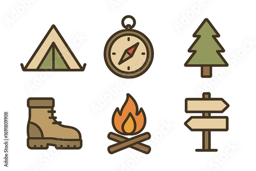 A set of minimalist camping icons for outdoor adventure and hiking. Vector cartoon illustration collection with tent, compass, tree, boot, campfire, and signpost symbols.