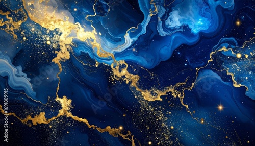 Abstract Blue and Gold Marble Texture with Glittering Accents, Elegant Background