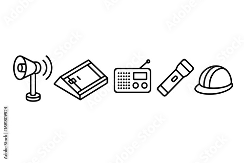Tornado drill icons outline set with tornado siren alarm, storm cellar door, emergency weather radio, flashlight and safety helmet vector cartoon illustration