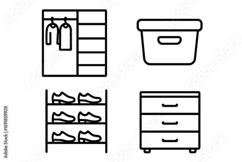 Storage solutions icon set. Home organization and decluttering concept. Outline vector icons of closet, wardrobe, shelves, storage bin, shoe rack, and chest of drawers.