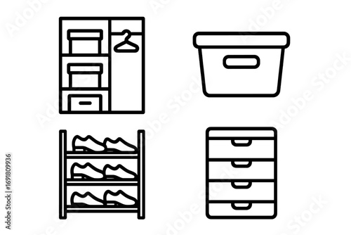 Storage solutions icons. Outline icon set of organizers like closet shelves, storage bin, shoe rack, and drawers. Vector illustration for home organization and decluttering.