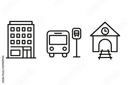Transit development icons outline set, transit-oriented development zones with mixed-use building, bus stop sign, and train station with clock and tracks, vector cartoon illustration