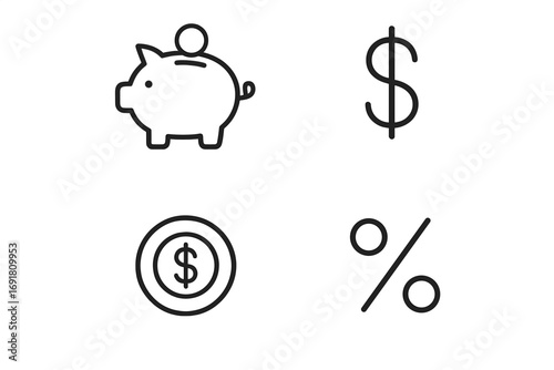 Set of money and finance line icons. Piggy bank, dollar, coin, percent sign. Vector symbols for savings, investment, banking, economy, loan, credit, budget, profit. Editable stroke.