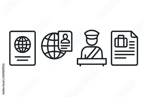 Travel Essentials Passport Visa Customs Declaration Linear Icons Set, Border Control Officer and Travel Document Symbols, Vector Cartoon Illustration Transparent Background