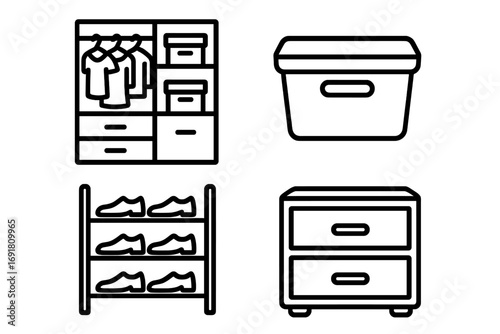 Storage solutions and home organization icon set. Vector outline icons of closet, shoe rack, drawer cabinet, and storage bin. Decluttering and tidying concept illustration.