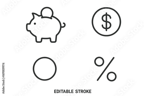 Finance and savings thin line icon set. Piggy bank, dollar coin, and percent sign. Vector pictograms for banking, investment, economy, budget, profit and money concept.