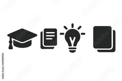 Student academic project icons. Solid vector glyphs set with graduation cap, research paper, lightbulb idea, and poster for university exhibition or presentation.