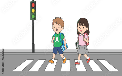 Children crossing road, pedestrian safety, school kids walking, traffic awareness, cartoon illustration, red signal, backpack, crosswalk, education, alert