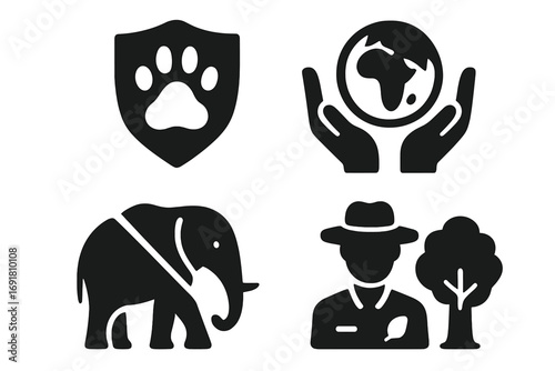 Wildlife protection icons silhouette symbols for animal conservation and environmental awareness, vector cartoon illustration set, paw print, globe hands, elephant banned, forest ranger with tree