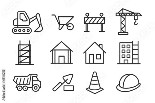 Construction line icon set bundle. Building industry linear symbols. House, crane, excavator, truck outline icons. Real estate architecture pictograms. Editable stroke vector.