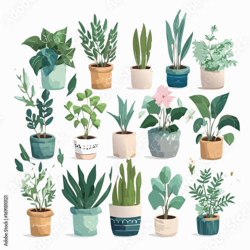 Indoor Potted Plant Vector Set — Decorative Green Houseplants in Modern Ceramic Pots for Home Décor Design