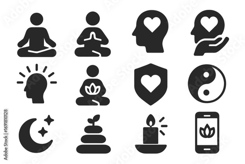 Mindfulness and meditation solid glyph icons. Yoga practice, mental health, wellness and self care symbols. Zen balance, harmony, relaxation and spiritual vector signs set.
