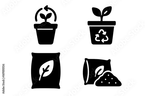 Sustainable planting glyph icon set. Eco-friendly gardening with biodegradable pot, recycled container, and organic soil bag. Vector illustration for ecology conservation.