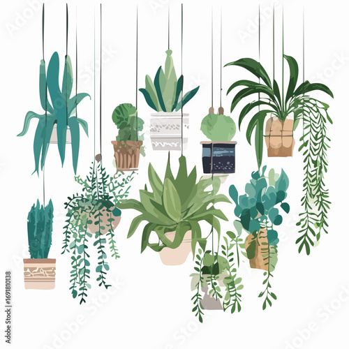 Hanging Houseplant Vector Illustration — Decorative Green Succulents and Ferns in Modern Pots for Home Décor