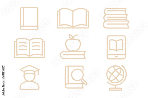 Education and learning minimalist line icons set. School, university, and library symbols. Vector collection of book, student, globe, e-book, research, and knowledge icons.