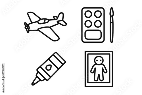 Model building hobby icon set. Outline vector icons for collectibles and crafting. Includes model airplane, paint, glue, and action figure. For DIY projects and leisure concepts.
