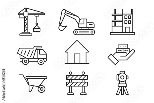 Construction line icon set for building industry. Real estate and architecture symbols. Vector outline pictograms with crane, excavator, truck, house, and tools.