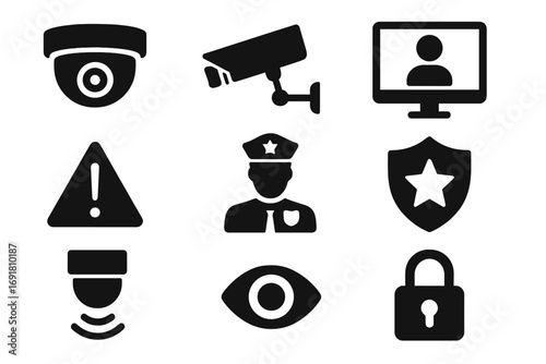 Surveillance and security solid icons set. Monitoring and protection symbol collection. CCTV camera, police, shield, lock, and warning sign. Vector glyph pictogram.