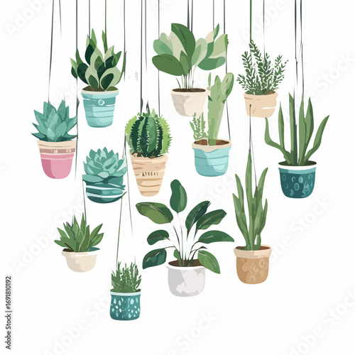 Hanging Houseplant Vector Illustration — Decorative Green Succulents and Ferns in Modern Pots for Home Décor