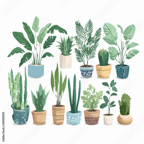 Indoor Potted Plant Vector Set — Decorative Green Houseplants in Modern Ceramic Pots for Home Décor Design