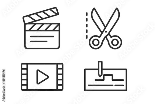 Video editing linear icon set. Minimalist movie post-production symbols. Film clapperboard, scissors for cutting footage, play button on a filmstrip, and a video editor timeline tool.