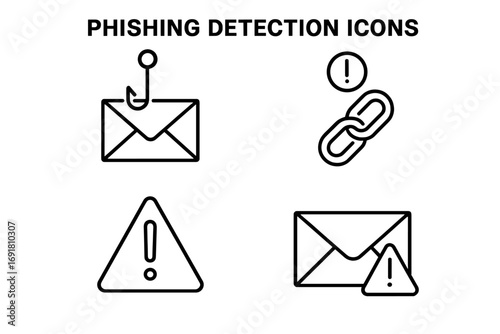 Phishing detection line icon set. Cybersecurity symbols for email scam, suspicious link, and online fraud. Vector graphic for internet safety, data theft, and malware alert.