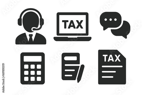 Tax advisor icon set, solid filled vector with headset, laptop showing tax, calculator, speech bubbles, tax document, and writing paper, financial and accounting symbols, office essentials