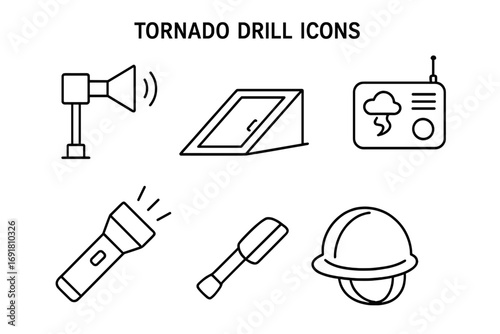 Tornado drill icons outline set with tornado siren, storm cellar door, weather radio, flashlight, safety helmet, emergency preparedness vector cartoon illustration