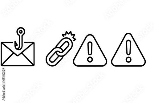 Phishing scam icon set. Cybersecurity concept. Email spam, suspicious link, warning alert symbols. Vector outline illustration for internet safety and data protection fraud.