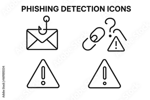 Phishing detection icon set. Cybersecurity concept with hacker and scam symbols. Vector line icons for email fraud, suspicious link, data theft, and online security alert.