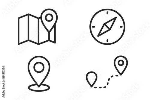 Minimalist outline icons for navigation and location with map, compass, and GPS pins. Vector cartoon illustration set with transparent background, directional symbols, and route marking.