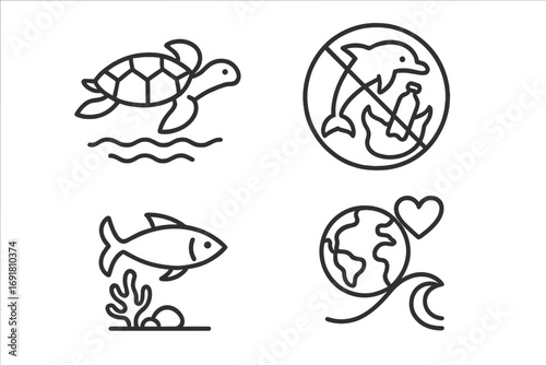Ocean conservation icon set. Marine life protection and environmental awareness concept. Save the planet vector line art. No plastic pollution. Sea turtle, fish, dolphin icons.