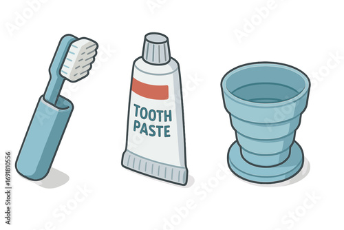 Travel essentials icons set. Isometric flat vector illustration of mini travel toothbrush, toothpaste tube, collapsible cup, portable bathroom kit accessories, hygiene concept