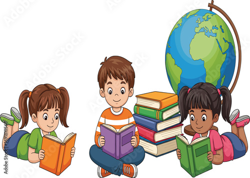 Children reading books, globe and stack, learning together, education concept, cartoon kids, study time, childhood development, vector illustration, school activity, global learning, reading habit, 