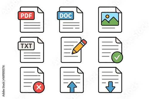 Vector icons set for file formats and document functions, colorful cartoon style, PDF DOC TXT files, image and text editing, upload download symbols, transparent background