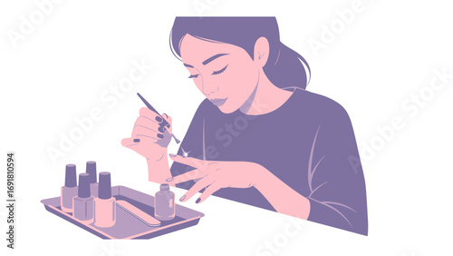 Young woman carefully applying nail polish to her fingernails with a brush while sitting at a table with various cosmetic bottles and tools