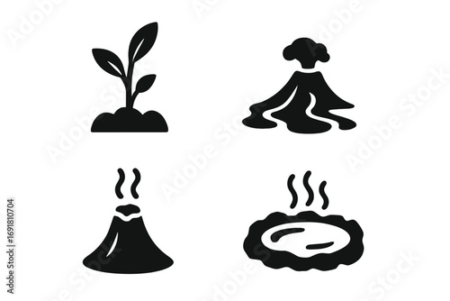 Volcanic ecology icons set with solid filled pioneer plants, erupting volcano, lava field, geothermal vent, and steaming hot spring vector cartoon illustration