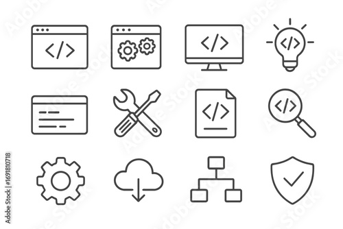 Programming and development line icon set. Software coding, web technology signs. Code, computer, cloud computing, data security, settings, search, bug fix vector icons for UI UX.