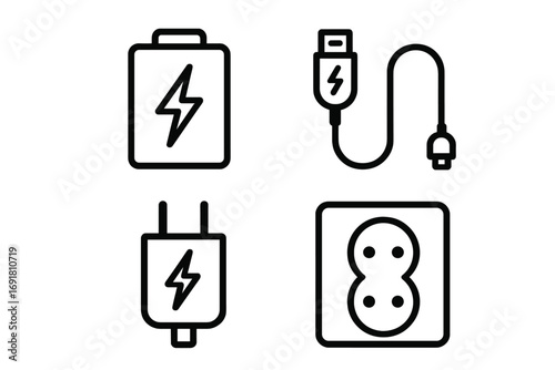 Energy line icon set. Power and charging symbols for web and app design. Vector collection includes battery, USB cable, charger plug, and electric wall outlet socket icons.