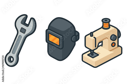 Isometric vocational training icons set with wrench, welding mask, sewing machine, technical education tools, skill development, workshop equipment, technical learning vector cartoon illustration
