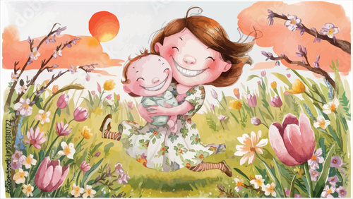 Cherishing motherhood tender embrace delicate flowers spring garden whimsical art