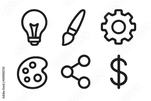 Minimalist line icon set for creative business workflow. Idea, design, process, share and monetization symbols. Lightbulb, brush, gear, palette, dollar sign vector icons.
