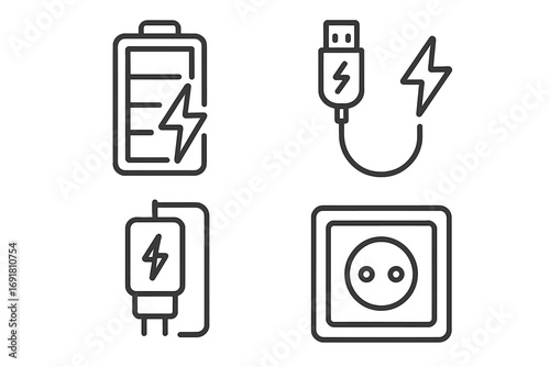 Energy power line icon set. Charge concept. Vector collection contains battery, USB cable, charger, outlet. Simple outline pictogram for web, apps. Electricity symbol.