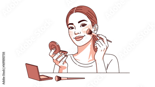 Young woman applying blush with a makeup brush while looking in a compact mirror illustration of beauty routine and cosmetic application