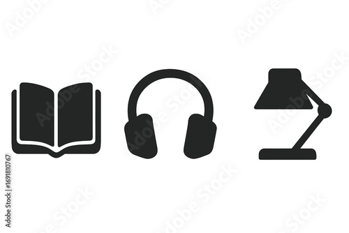 Reading and study icon set. Book, headphones, desk lamp silhouettes. Simple vector symbols for education, library, learning, audiobook, podcast, and knowledge concept design.