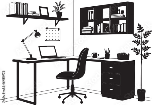 Black and white illustration of a modern home office desk setup laptop chair