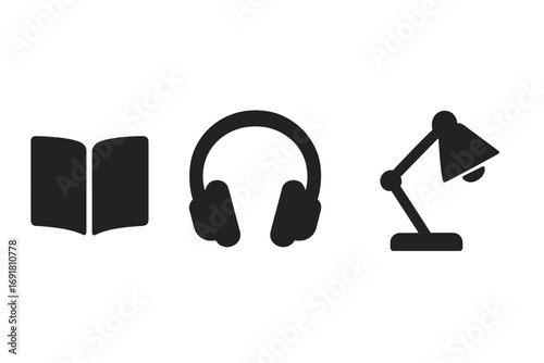 Reading icon set with book, headphones, lamp. Minimalist silhouettes for study, education, e-learning. Concept for audiobooks, podcasts, knowledge, library. Modern vector symbols.