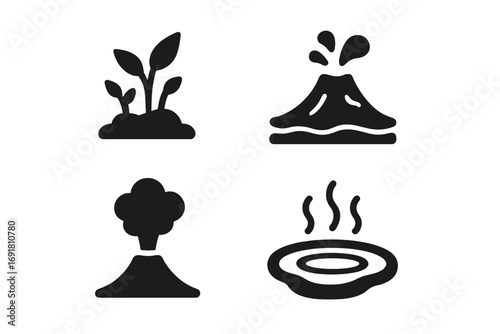 Volcanic ecology icons set with solid filled pioneer plants, erupting volcano, geothermal vent, and steaming hot spring. Vector nature and environment symbols for ecology and geology concepts